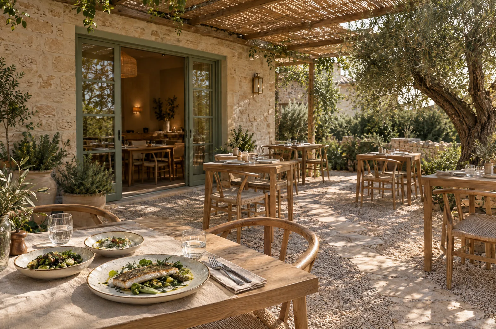 Zeytin ağacı altında taş restoranın bahçesi ve Ege yemekleri (temsili görsel)